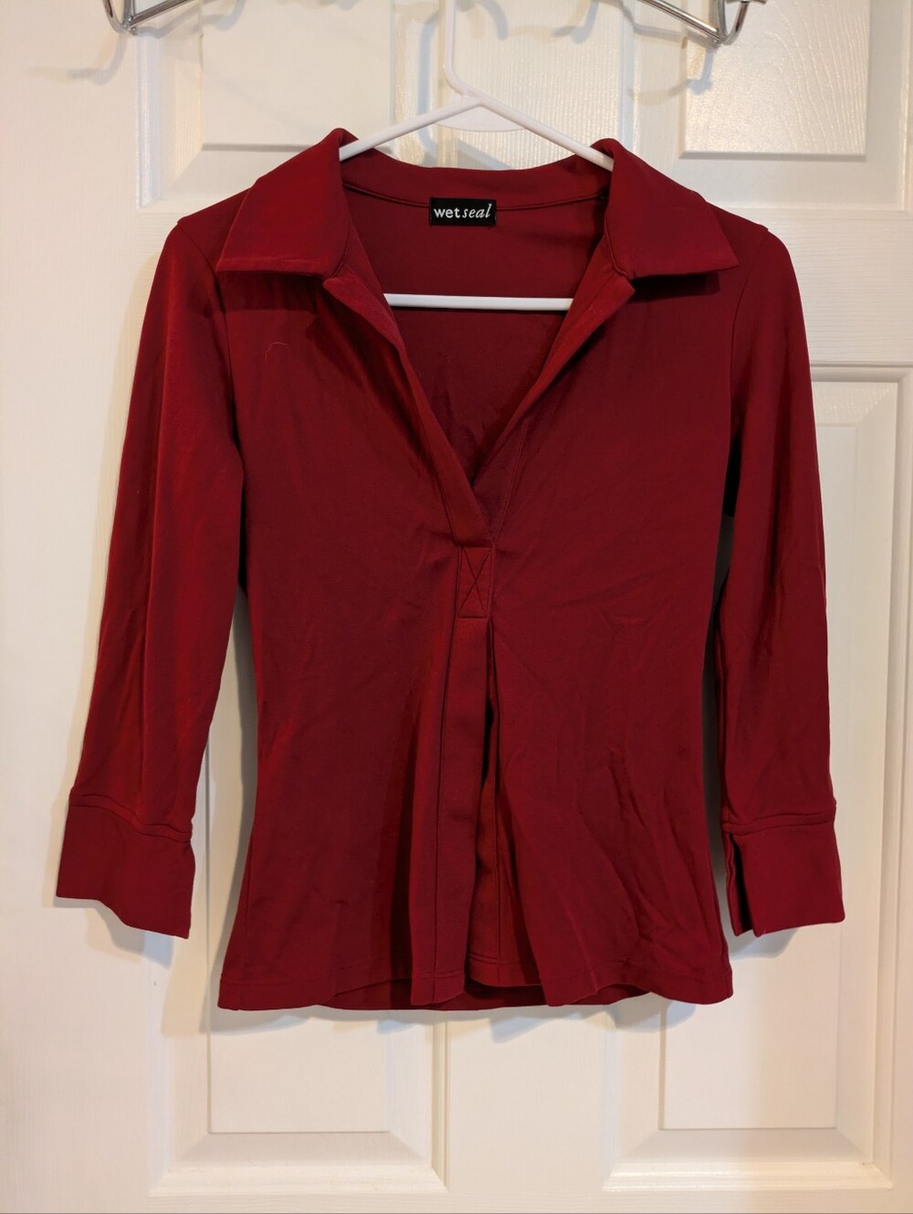 Wet Seal Deep Red Collared V-Neck Button-Style Top